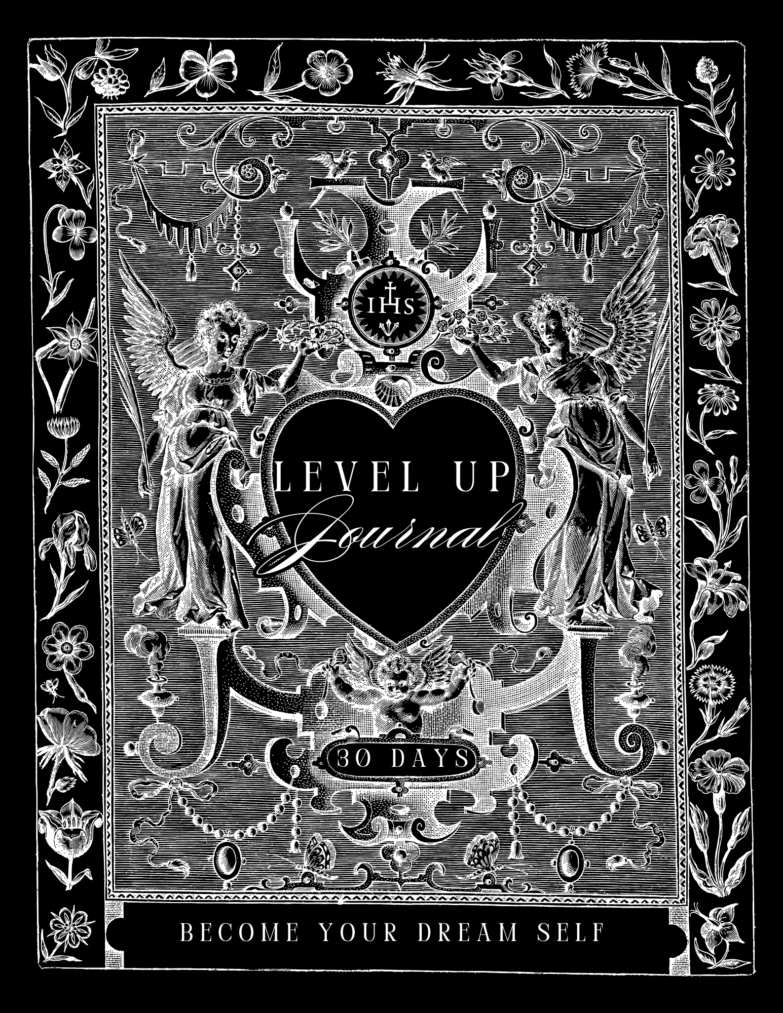Decorative journal cover with black and white design, featuring text 'Level Up Journal' and '30 Days Become Your Dream Self'.