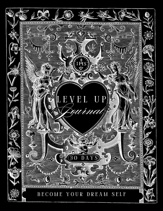 Decorative journal cover with black and white design, featuring text 'Level Up Journal' and '30 Days Become Your Dream Self'.